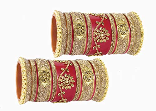 Image of NMII Traditional Gold Plated Acrylic Bangles Bridal Chuda Set For Women & Girls with Zircon Diamond & Pearls Beads Work | Royal Wedding Chudas | Premium Look | Bangles For Wedding, Festive, Function