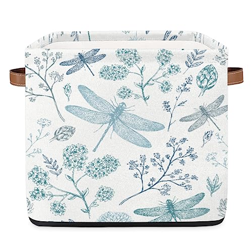 Image of Blue Dragonfly Cube Storage Baskets Fabric Dragonfly Storage Bins Boxes Collapsible Organizer Bin with Handles for Shelves,Toys, Towels, Closet,Shelf Basket