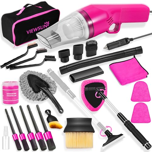 Viewsun 20PCS Pink Car Cleaning Kit Car Interior Detailing Kit with Red High Power Handheld Vacuum Detailing Brush Set Windshield Cleaner Cleaning Gel Complete Auto Accessories for Women