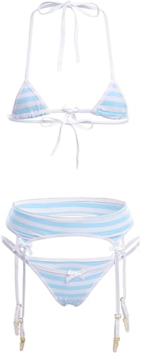 Miniatura 7 de ABAFIP Conjunto de lencería de anime Kawaii lindo para mujer, con correa halter, micro sujetador pequeño, liguero, a rayas, 4 piezas de ropa interior
