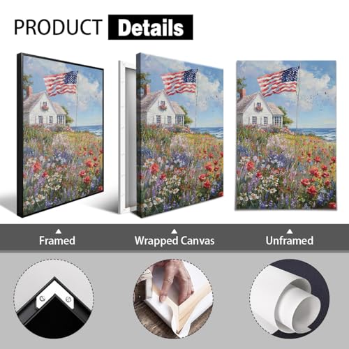 Image of American Flag Canvas Wall Art, 4th of July Patriotic Poster Print, USA Flag and Coastal Wildflower Field Landscape Picture, Farmhouse Independence Day Wall Decor for Bedroom 8x12in Unframed