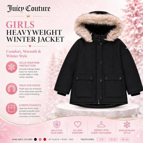 Image of Juicy Couture Girls Heavyweight Winter Jacket with Faux Fur Hood and Cargo Pockets