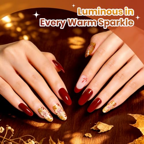 Image of Beetles Fall Gel Polish Set, 6 Colors Brown Gold Red, UV LED | 6 warm fall shades with gold shimmer, glitter, brown, red and mustard yellow tones.