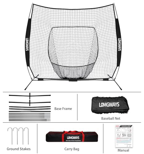 image for LOMGWAYS 8x8 Ft Baseball & Softball Practice Net with Steel Frame for 