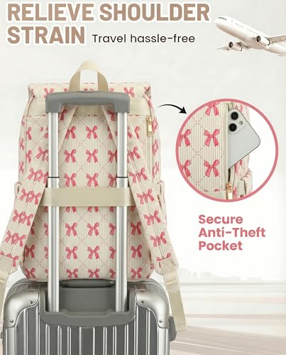 Image of Corduroy Laptop Backpack for Women, Fits 15.6 Inch Computer Bag, College Bookbag Travel Daypack Purse, Work Business Bags - Corduroy Bow Pink
