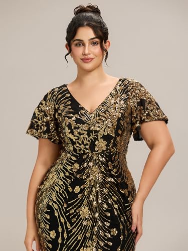 Image of Ever-Pretty Plus Women's Sequin V Neck Plus Size Prom Dress Mermaid Formal Cocktail Evening Dresses for Curvy Women