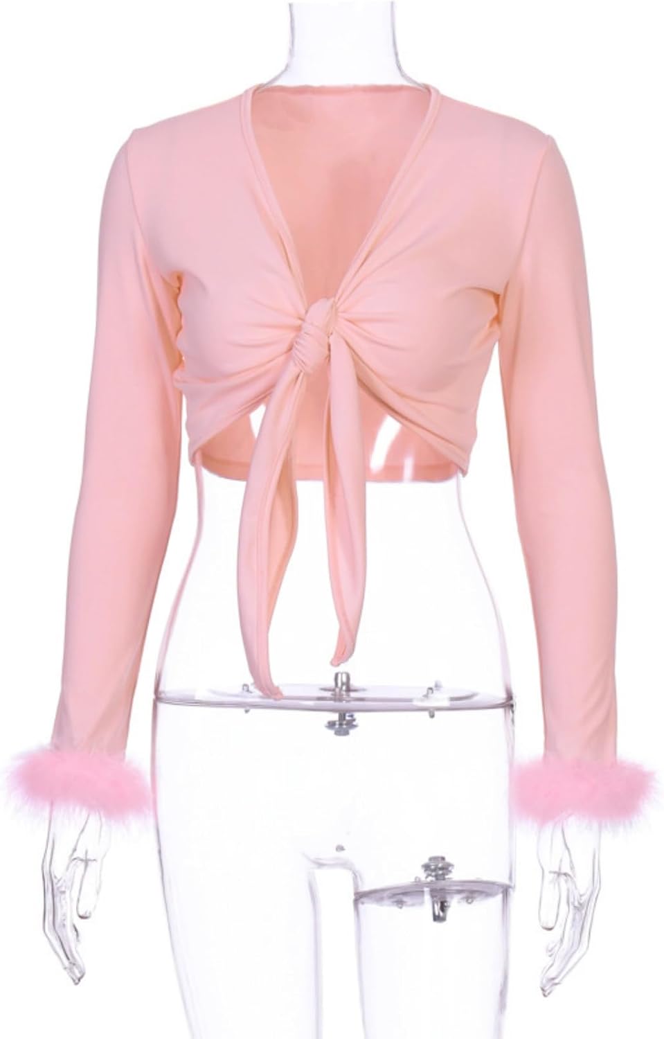Women Sexy Tie Up Feather Cuff Crop Top Deep V Neck Long Sleeve Shirt Faux Fur Wrapped Blouse