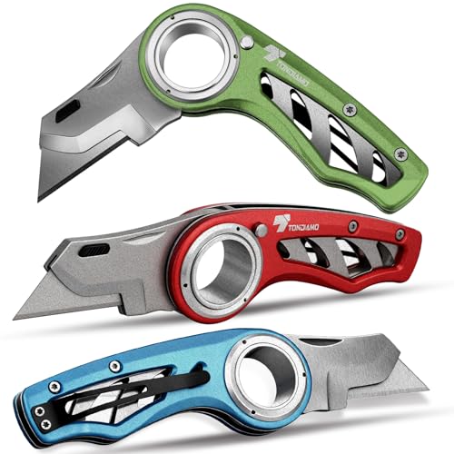 Image of Tondiamo 3 Pcs Folding Pocket Utility Knife Heavy Duty Box Cutter Folding Razor Knife with Anti Slip Finger Loop Easy Change Blades 3 Lock Positions Design (Red,Blue,Green)