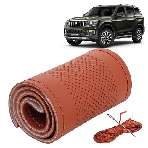 KINGSWAY® PU Leatherite Car Steering Cover Sewable Compatible with Mahindra Scorpio N (Year 2022 Onwards), Tan Color with Tan Thread, Pack of 1 with Sewing Needle and Thread
