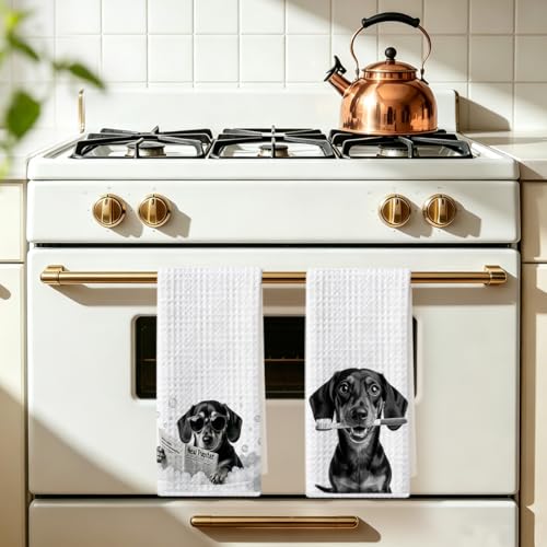 Image of 2Pcs Funny Dachshund Hand Towel for Bathroom 24x14 Inch, Cute Dog Absorbent Soft Microfiber Dish Cloth Bathroom Towel, Waffle Hand Towels for Toilet Home Decor, Dachshund Gifts