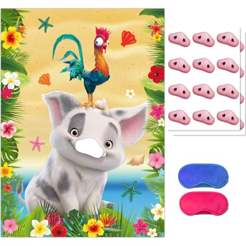 Moana Birthday Party Supplies, Pin The Nose on Pig Party Games for Boys Girls, Large Poster 24PCS Stickers Birthday Decorations