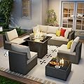 Outdoor Patio Furniture Set with 28'' Fire Pit Table, 8 Pcs Outdoor Patio Furniture Conversation Sets with 4in Thicken Cushion, Wicker Outdoor Sectional for Backyard, Garden, Balcony,Deck,Coffee/Beige