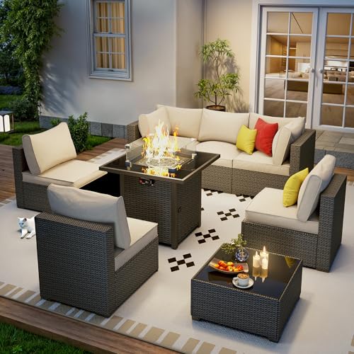 Outdoor Patio Furniture Set with 28'' Fire Pit Table, 8 Pcs Outdoor Patio Furniture Conversation Sets with 4in Thicken Cushion, Wicker Outdoor Sectional for Backyard, Garden, Balcony,Deck,Coffee/Beige