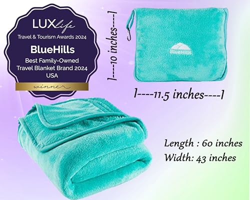 Image of BlueHills Premium Soft Travel Blanket Pillow Airplane Blanket Packed in Soft Bag Pillowcase with Hand Luggage Belt and Backpack Clip, Compact Pack Large Warm for Any Travel (Teal Green T006)