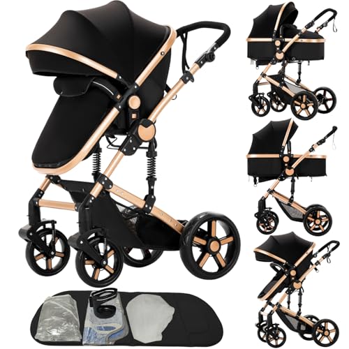 Image of 2 in 1 Baby Stroller Convertible Reversible Standard Pram Portable Pushchair Infant Buggy Baby Carriage Foldable High Landscape Pram for Toddler Newborn (2US588-BG)