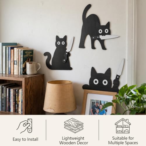 Lucky Merit Black Cat Halloween Decor, 3 Pcs Wooden Cat Kitchen Wall Art - image 2