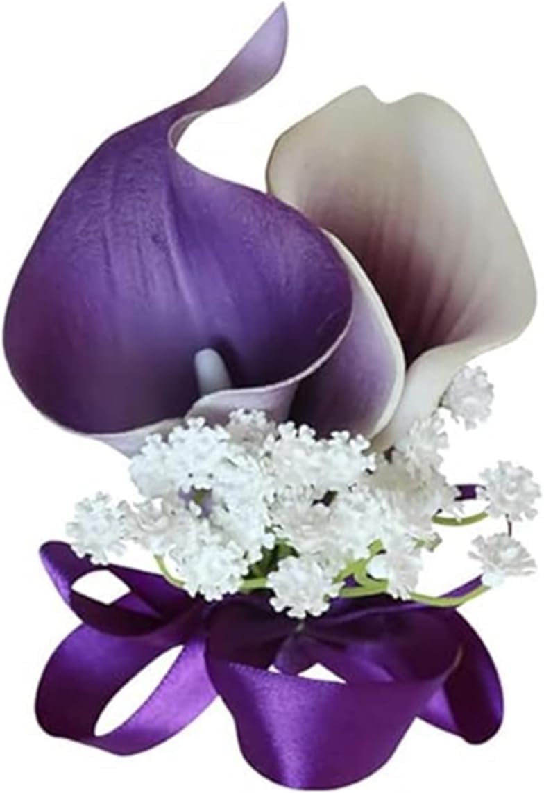 Fouriding Artificial Purple Calla Lily Wrist flowers for Wedding Groom Best Man Bride Bridesmaid Corsage Suit for Wedding Party Prom Event Ceremony Anniversary