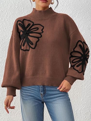 Women's Floral Embroidered Sweater Print High Neck Ribbed Knit Pullover Graphic Jumper Lantern Sleeve Crochet Top3