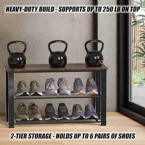 Image of Simple Houseware Wood Top Shoe Storage Bench for Entryway, Rustic Brown