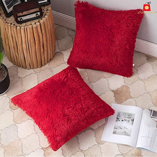 Image of Red Square Pillow Cover Fur Cushion Pillowcase Set Of 2, 16X16 Inches / 40Cm X 40Cm, 250 TC