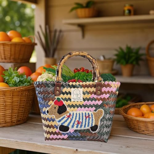 Einkaufskorb Geflochten aus Kunststoff, Korbtasche Handtasche, Strandtasche Stroh Groß, Geflochten Handtasche Damen für Picknick, Shopping, Urlaub (Dackel)