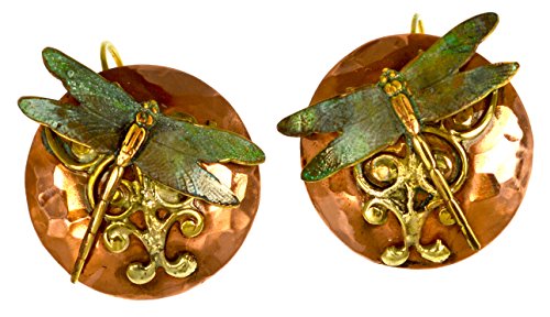 Elaine Coyne Wearable Art Forged Copper and Patina Brass Neo-Victorian Dragonfly on Filigree Earrings