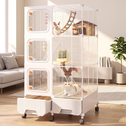 Cage métallique multi-niveaux pour petits animaux, parc de jeu intérieur avec 6 roues avec freins, installation et ventilation faciles, convient pour furets, écureuils, cochons d'Inde, lapins, chats