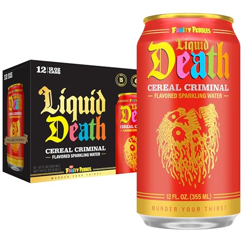 Image of Liquid Death Soda-Flavored Sparkling Water - Cereal Criminal (Fruity Pebbles, Cream), Less Sugar*, Huge Flavor, No Caffeine, No Artificial Sweeteners, 12 Fl Oz (Pack of 12)