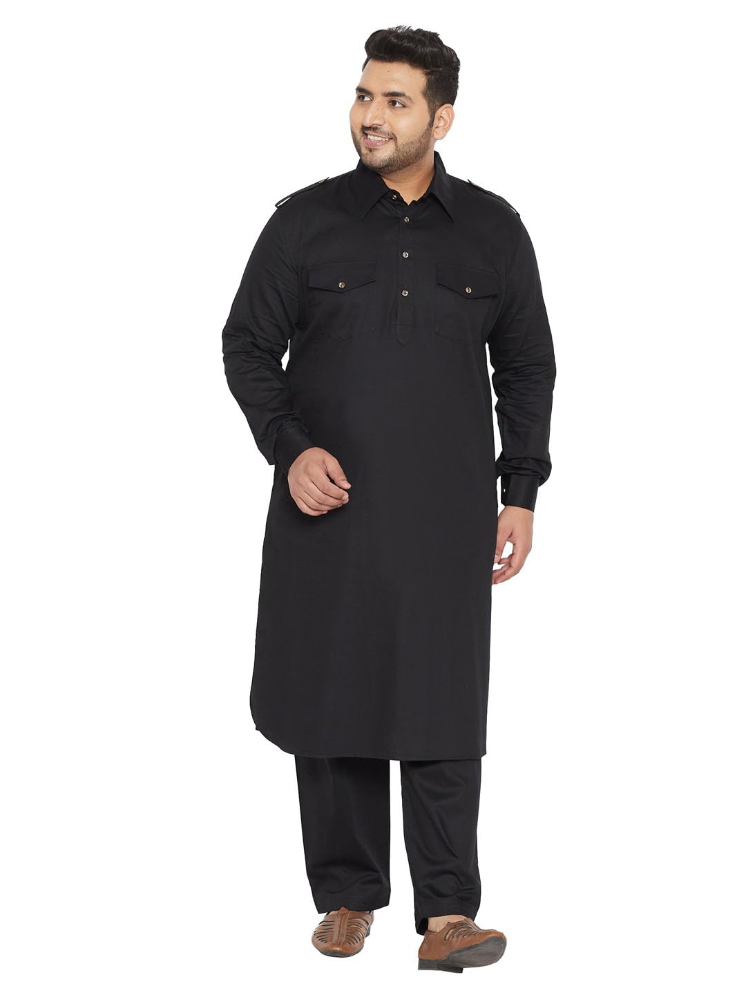 mens Vastramay Plus Men's Black Cotton Blend Pathani Kurta Set-picture-34