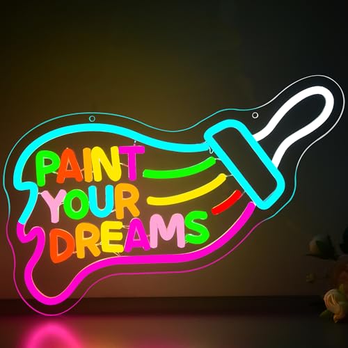 Paint Your Dreams Neon Sign for Wall Decor Dimmable LED Light Creative Bedroom Decor Birthday Gift for Artists Teens Home Studio Positive Vibe Accent Size 15 * 11in(GLNP351)