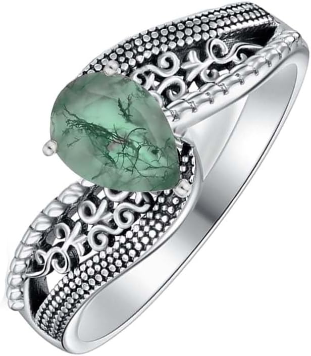 Vintage Natural Moss Agate Promise Statement Ring 925 Sterling Silver Moss Agate with Retro Oxidized Filigree Anniversary Engagement Ring for Women Gifts Size 5-12