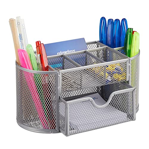 Relaxdays Organizer da Scrivania da Ufficio, con Portapenne e Cassetto, Rete in Acciaio, HxLxP: 10,5x22x11cm, Argentato