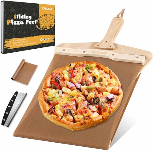 CAROCUT Sliding Pizza Peel 22×13 inch,Non-Stick Pizza Peel Slider with Replacement Cloth and Pizza Cutter for Transferring & Serving,Wood Pizza Cutting Board for Baking Homemade Pizza Cheese Fruit