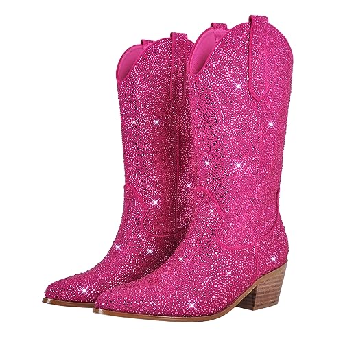 Yolkomo Cowboy Boots For Women Wide Calf Glitter Rhinestone Cowgirl Boots