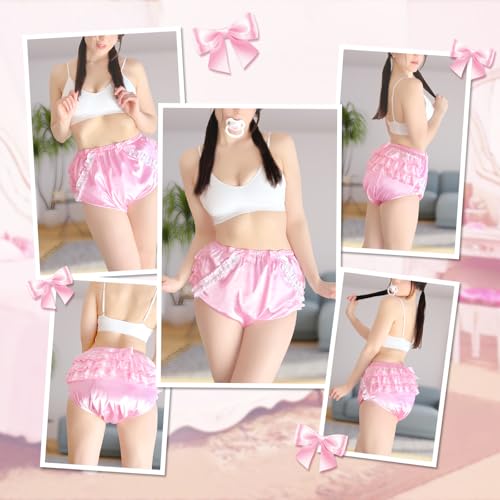 Image of Littleforbig Washable Reusable Waterproof Ruffled Lace Bow Pretty in Pink Satin Over Adult Diaper Cover XXL
