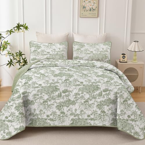 WONGS BEDDING Botanical Quilt Set California King Size, Sage Green 3 Pieces Toile Floral Plants Printed Bedspread Bedding Set Soft Lightweight Microfiber Coverlet Set for All Season (112