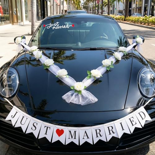 15 Pcs Luxury Wedding Car Decoration Kit – White Rose Bouquet With Tulle Ribbon Bows &Amp; Rearview Mirror Flowers, Just Married Banner &Amp; Sticker, Elegant Wedding Car Decor For Ceremony &Amp; Party