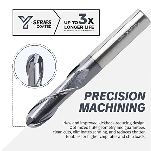 Image of ZahyoX 3 /8 inch Ball Nose End Mill, TiAlN Coated Solid Carbide Upcut Spiral CNC Router Bit, 3 /8 inch Diameter, 3 /16 inch Radius, 1-1 /8 inch Cutting Length, 3 inch Overall Length, 2 Flutes, CNC Cutter Milling Tool