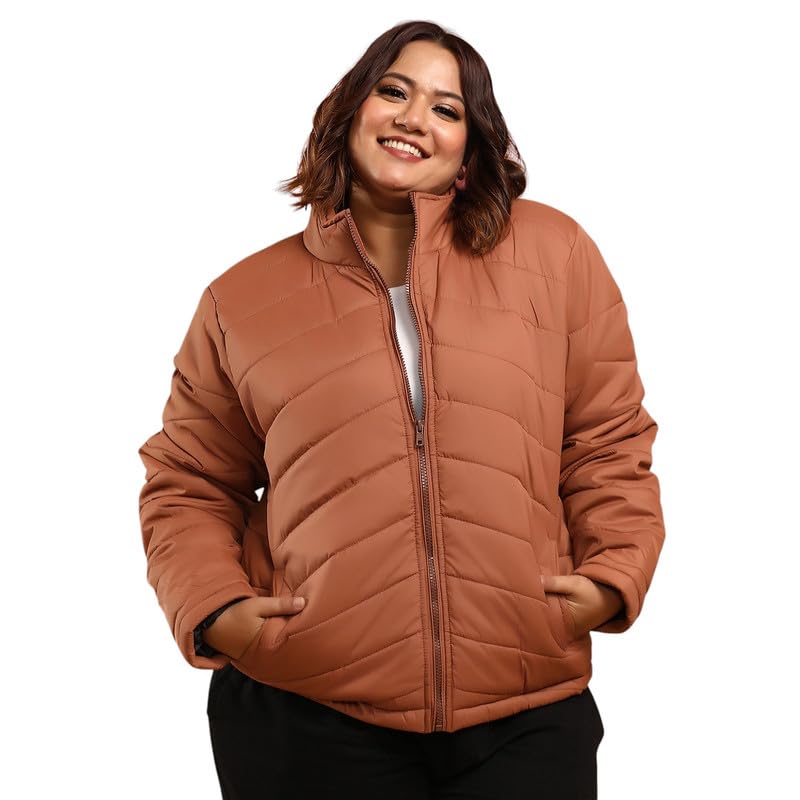 instafab Plus Women's Puffer Jacket For Casual Wear | High Neck | Long Cuff Sleeves | Button Closure | Plus Size Jacket Crafted With Comfort Fit For Everyday Wear-picture-13