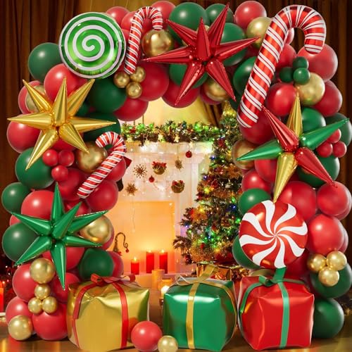 Bonropin 171Pcs Christmas Balloon Arch Kit - Holiday Red, Green, Gold Balloons, Candy Gift Box Balloons, Explosion Star Foil Balloons for Xmas Party Decor, Christmas Decorations by Bonropin - Used condition - US$8.50