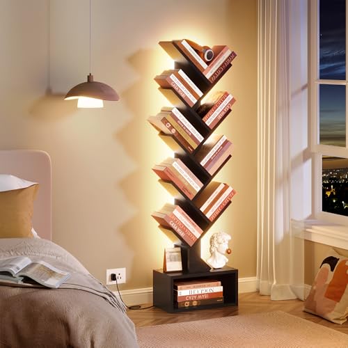 Image of Hoctieon 9 Tier Tree Bookshelf, Tall Bookcase, Freestanding Book Shelf with LED Lights, Display Floor Standing Storage Shelf, Book Organizer Shelves for Home Office, Living Room, Black