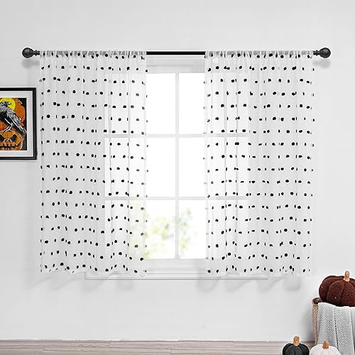 Image of MYSKY HOME Black Pom Pom Curtains for Kids Bedroom 63 Inch Long 2 Panels | Halloween Nursery Curtain, for Girls Room, Window White Sheer Curtain, Rod Pocket, Farmhouse Semi Window Drapes, 50 inch x 63 inch