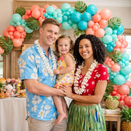 Image of Hawaiian Tropical Balloon Garland Arch Kit,Coral Beach Birthday Decorations | Pearl Aqua Blue Teal Blue Coral Blush Pink Pearl Champagne Gold Balloons for Summer Pool Luau Magic Theme Party Decor