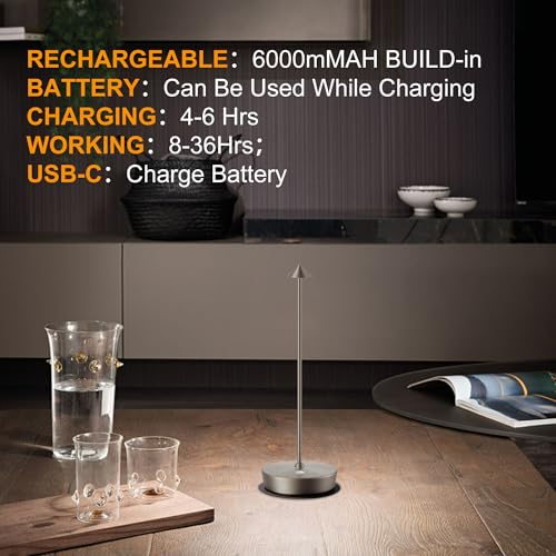 SAKRINGT Cordless Table Lamps Rechargeable, 6000mAh Battery Operated Waterproof Stepless Dimming Modern Portable LED Table Light for Restaurant Dining Patio Outdoor