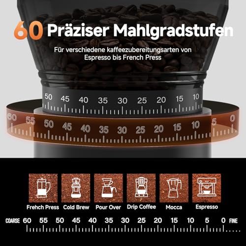 Bild 1 - AAOBOSI Kaffeemühle Elektrisch, Kaffeemühle Siebträger mit 60 Mahlgrad Einstellbar, Kaffeemühle Kegelmahlwerk Tragbar Wiederaufladbar für Espresso/Mocca/Drip/Pour Over/Cold Brew/French Press
