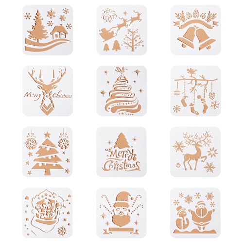 12 Pcs Christmas Stencils Reusable Painting Stencils for Wall Scrapbook Xmas Greeting Card DIY Project Drawing Aids