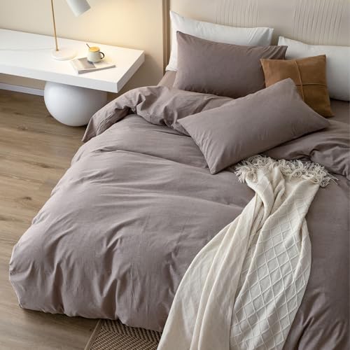 JIYUAN 100% Washed Cotton Duvet Cover Set 3 Pieces Super King, 1 Duvet Cover 108x98 Inches(Comforter Not Included) and 2 Pillowcases,Linen Feel Bedding Set Comfy and Breathable, Heathered Mauve Brown