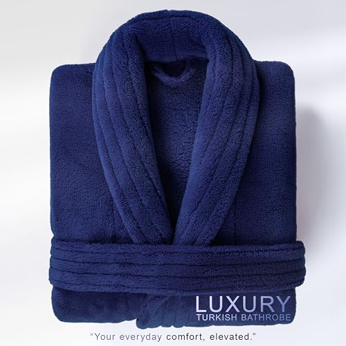 Image of American Soft Linen Women's Fleece Bathrobe - Luxury Soft, Plush, Fuzzy & Warm Turkish Robe for Women, Cozy Spa Quality Adult Bathroom Lounge Robe, Navy L