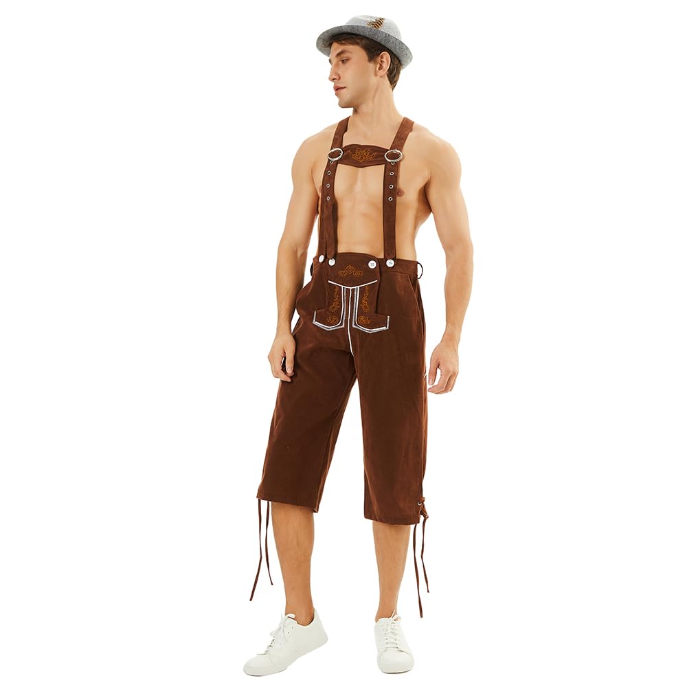 Feynman Lederhosen Bavaresi Autentici per Uomo - Pantaloncini Tradizionali Tedeschi per Oktoberfest con Ricami e Bretelle Regolabili - Costume per Festa della Birra e Carnevale