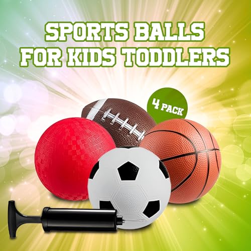 Sports Balls for Kids and Toddlers (Pack of 4) with Hand Pump 5-inch Diameter Rubber Sport Ball Outdoor Toys - Mini Football Mini Basketball Kids Soccer Ball & Playground Ball - Image 3